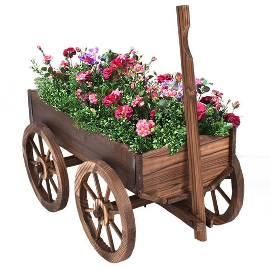 Outdoor Garden Wood Barrel Planter Wagon